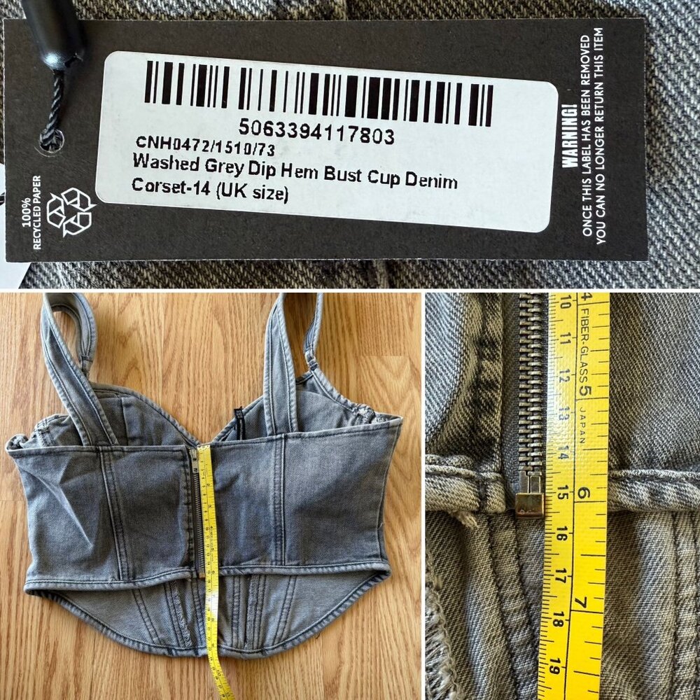 PrettyLittleThing Washed Grey Denim Corset Top Size 10 Dip Hem Bust Cup Bustier - Picture 9 of 10